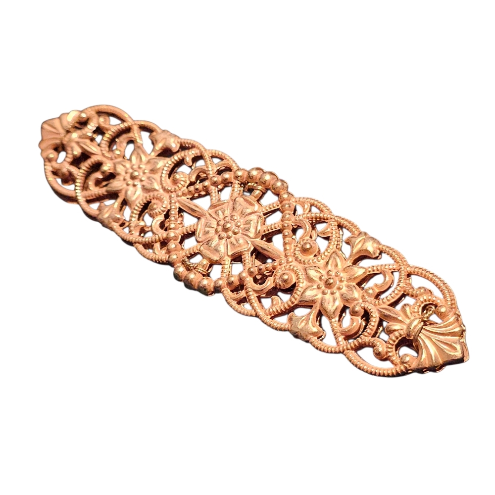 Miriam Haskell Gilded Filigree Bar Pin Vintage Gold Tone Floral Signed - Picture 4 of 9